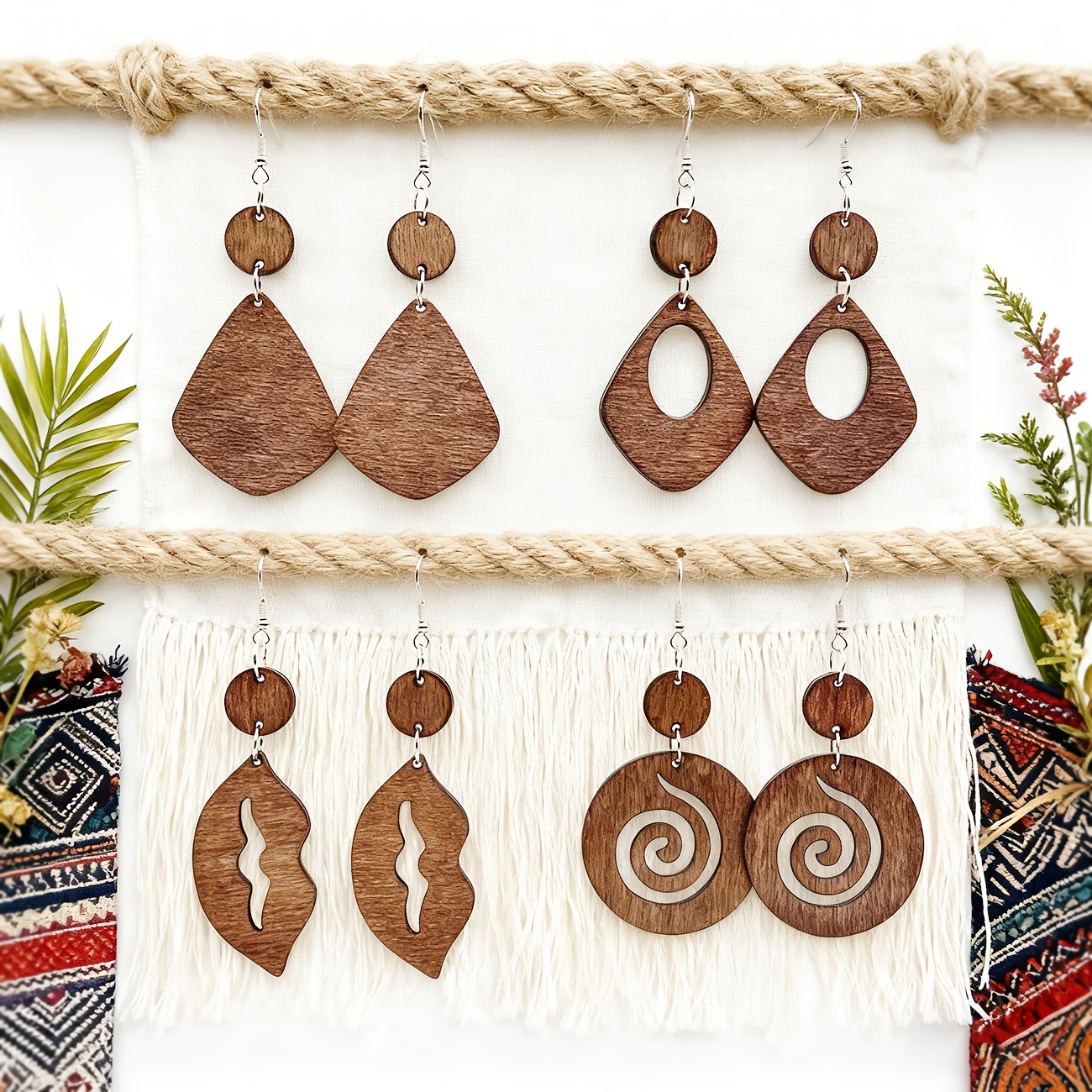 A Set of 4 Bohemian-Style Minimalist Wooden Pendant Earrings, Perfect for Women'S Casual Everyday Wear. These Lightweight, Hollow Geometric Earrings Are Ideal for Vacation Outfits And Trendy Outings