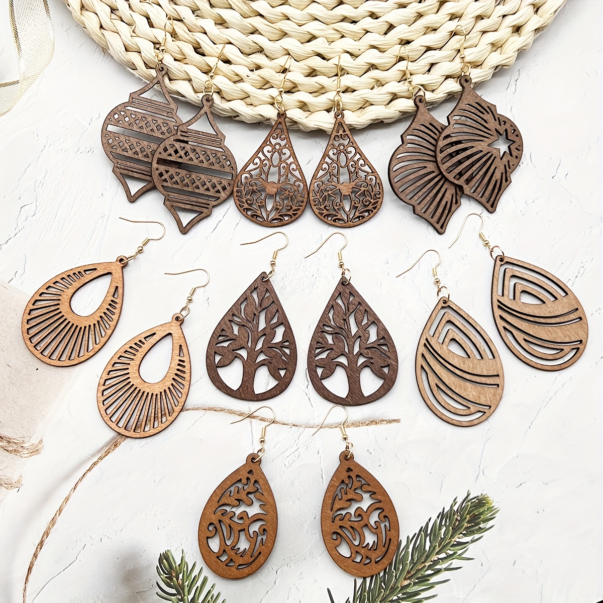 A Set of 7 Trendy Hollow Geometric Vacation-Style Wooden Earrings, Featuring a Bohemian Versatile Retro Ethnic Design, Perfect for Women'S Casual And Minimalist Additions