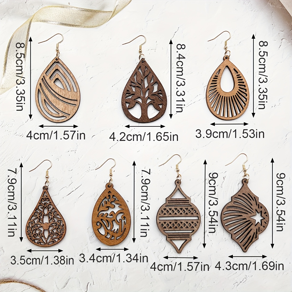 A Set of 7 Trendy Hollow Geometric Vacation-Style Wooden Earrings, Featuring a Bohemian Versatile Retro Ethnic Design, Perfect for Women'S Casual And Minimalist Additions