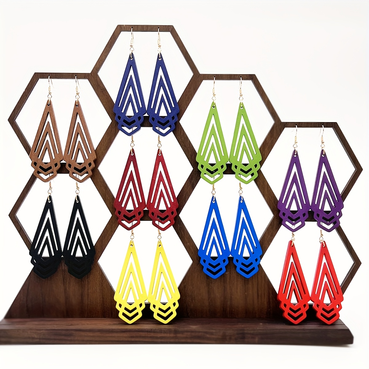 A Set of 9 Pairs of Minimalist And Stylish Multi-Colored Geometric Wooden Pendant Earrings, Perfect for a Bohemian Look, Creative Vacation Style Wooden Drop Earrings, Ideal for Everyday Wear Or As a Colorful Vintage Gift for Women