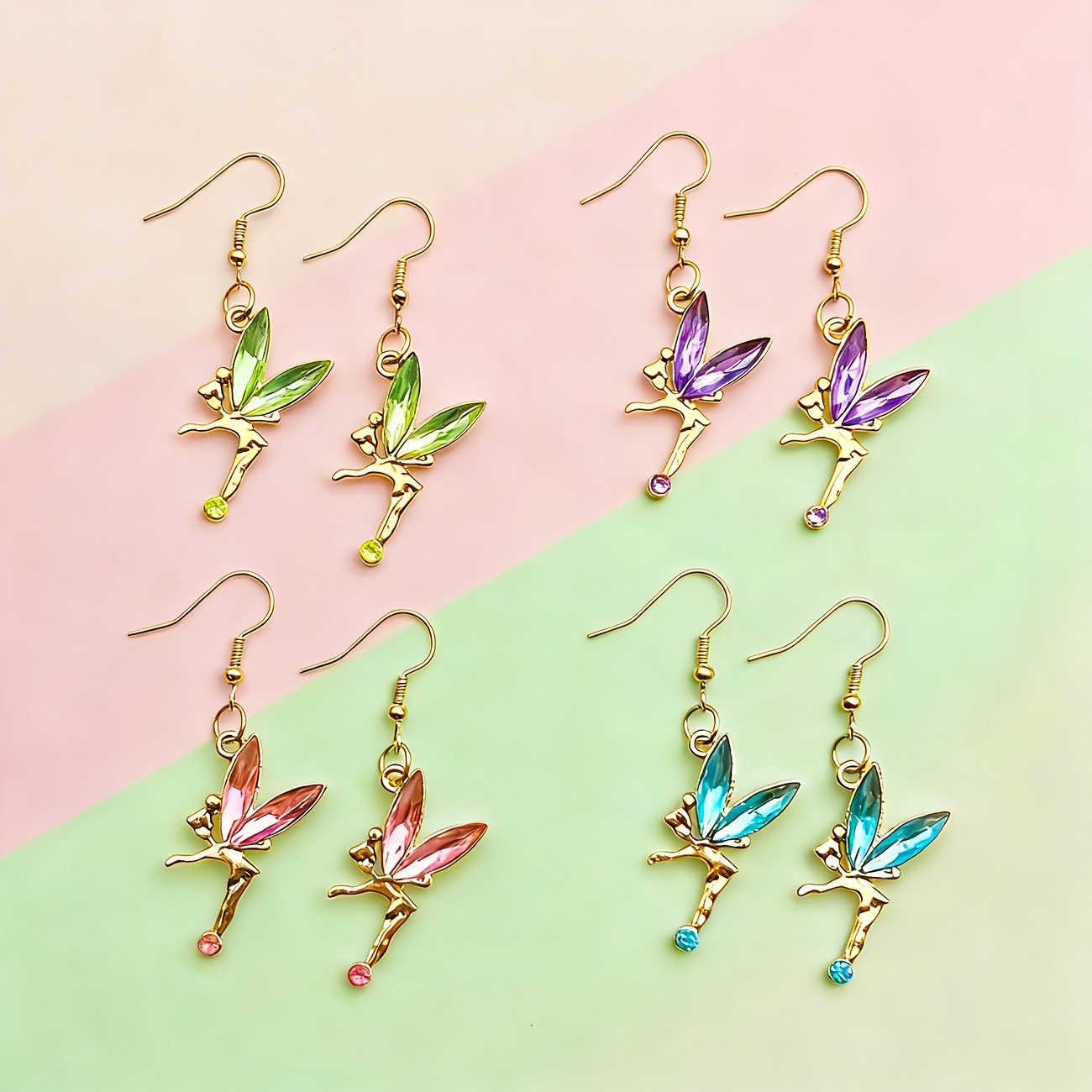 A Set of Four Pairs of Multicolored Metal-Inlaid Glass Pendant Earrings, Featuring Delicate And Cute Mini Angel Cartoon Designs, Perfect for Everyday Wear by Women And As Exquisite Gifts