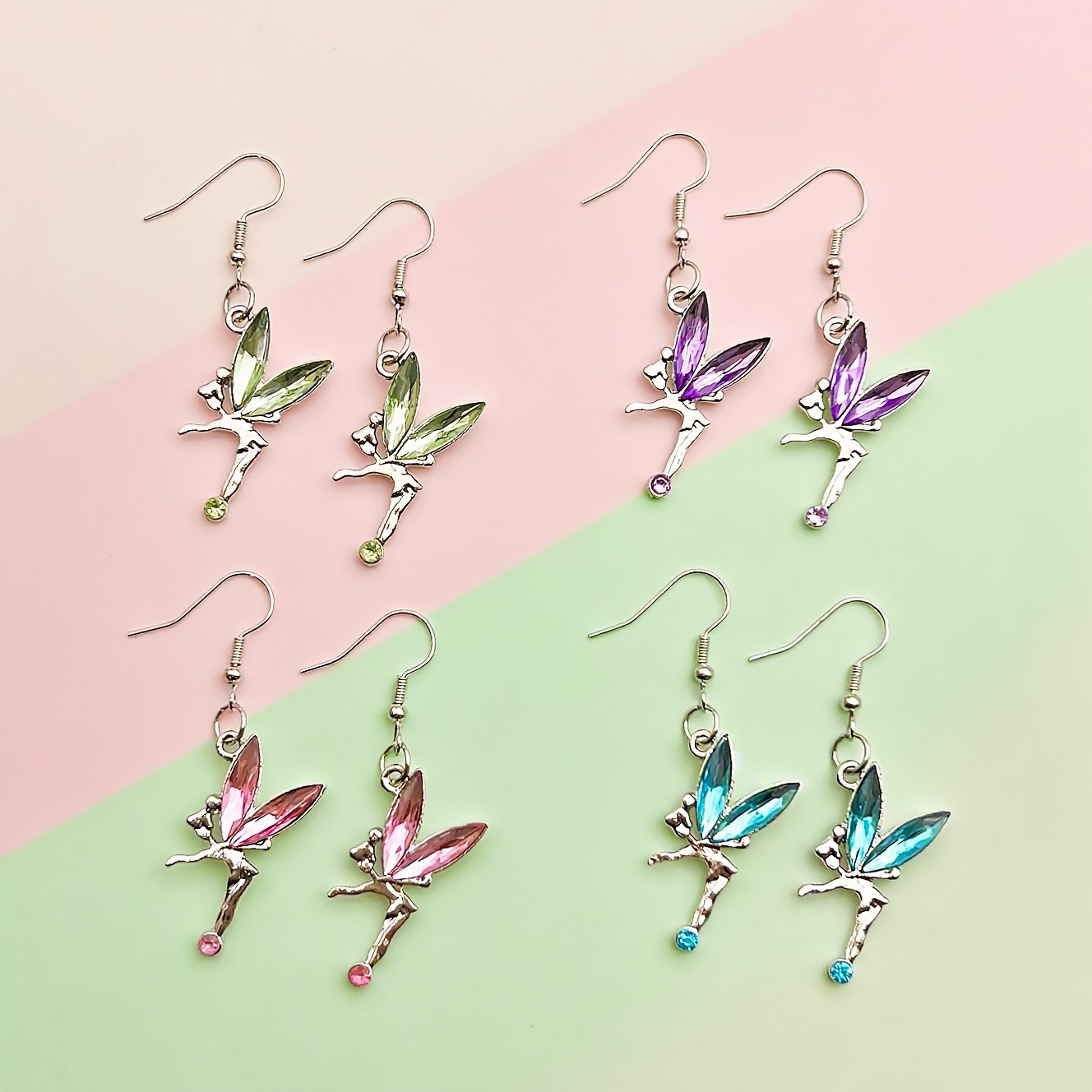 A Set of Four Pairs of Multicolored Metal-Inlaid Glass Pendant Earrings, Featuring Delicate And Cute Mini Angel Cartoon Designs, Perfect for Everyday Wear by Women And As Exquisite Gifts