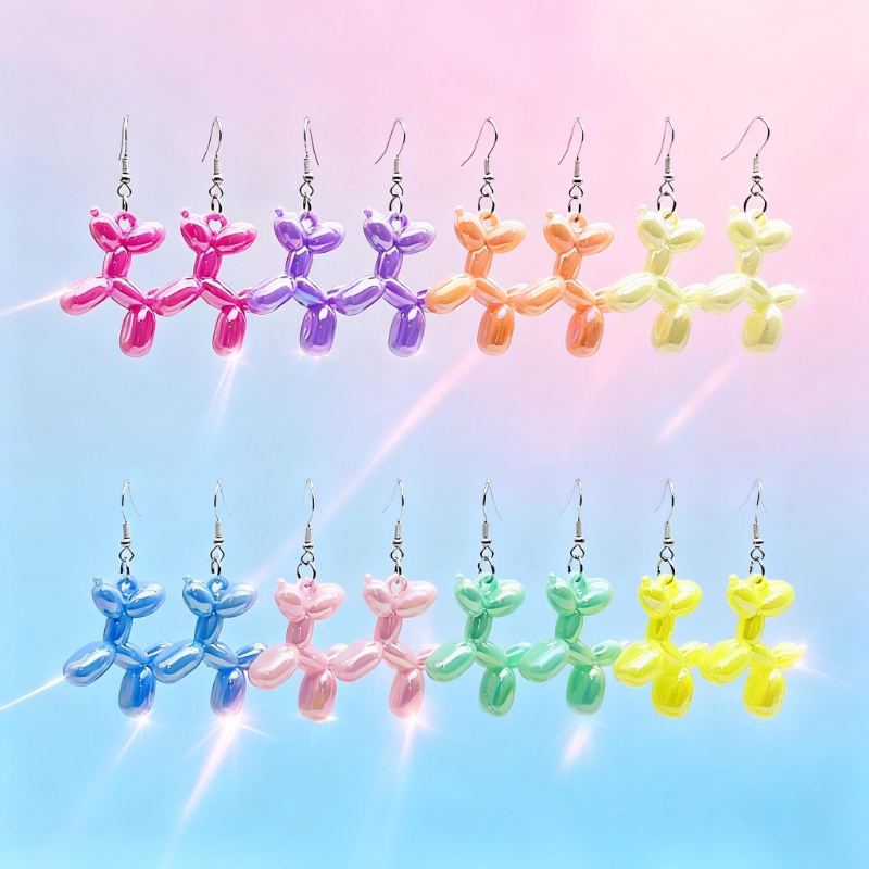 a set of Macaron-Colored Cartoon Laser Iridescent Resin Balloon Dog Pendant Earrings, Women's Versatile and Acrylic Multicolor Balloon Puppy Ear Accessories, Suitable for Daily Outings, Vacations, Parties, Holiday Gifts, Sweet and Cute Cartoon