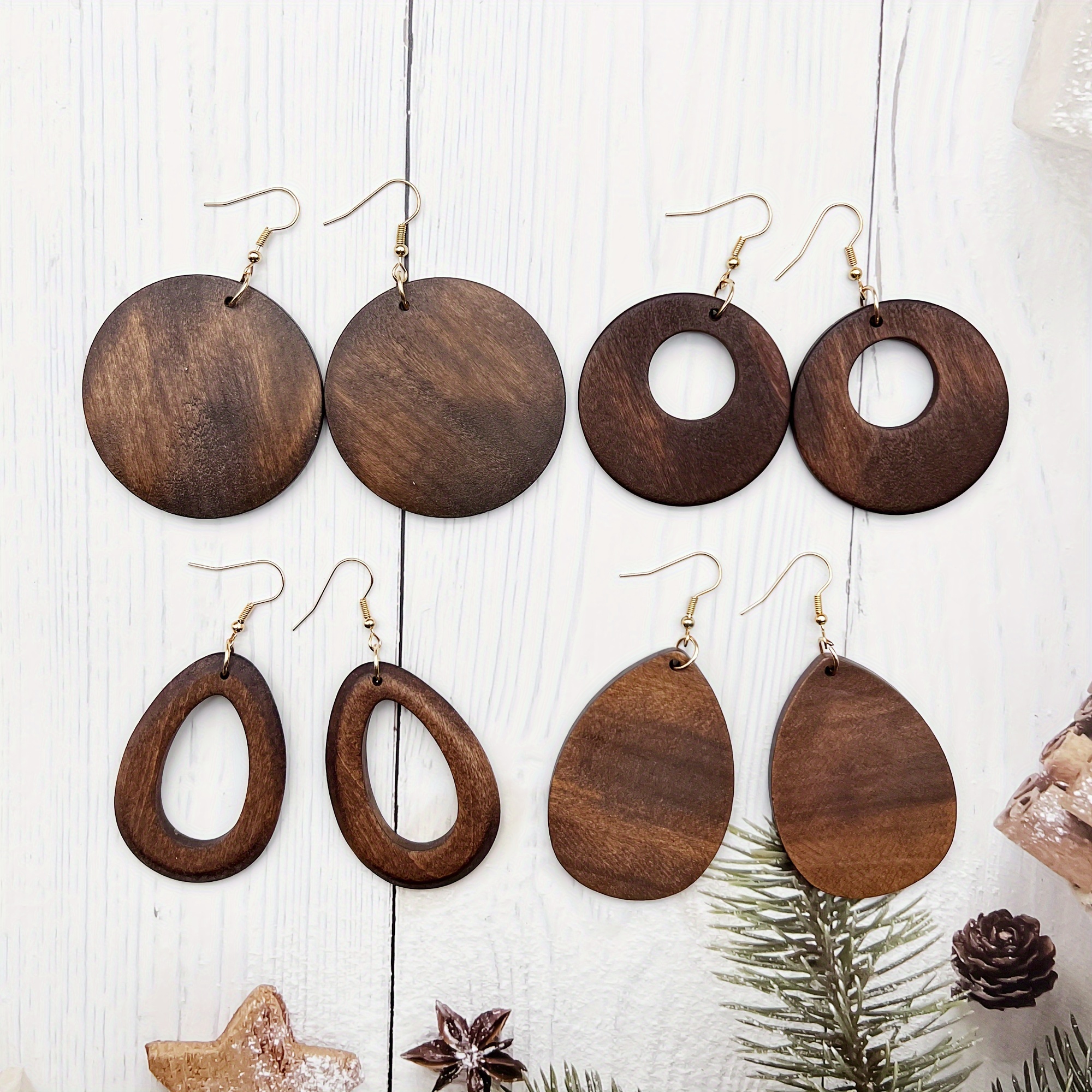 Classic Wooden Earrings from Europe And America, Four Pairs of Brown Ear Additions