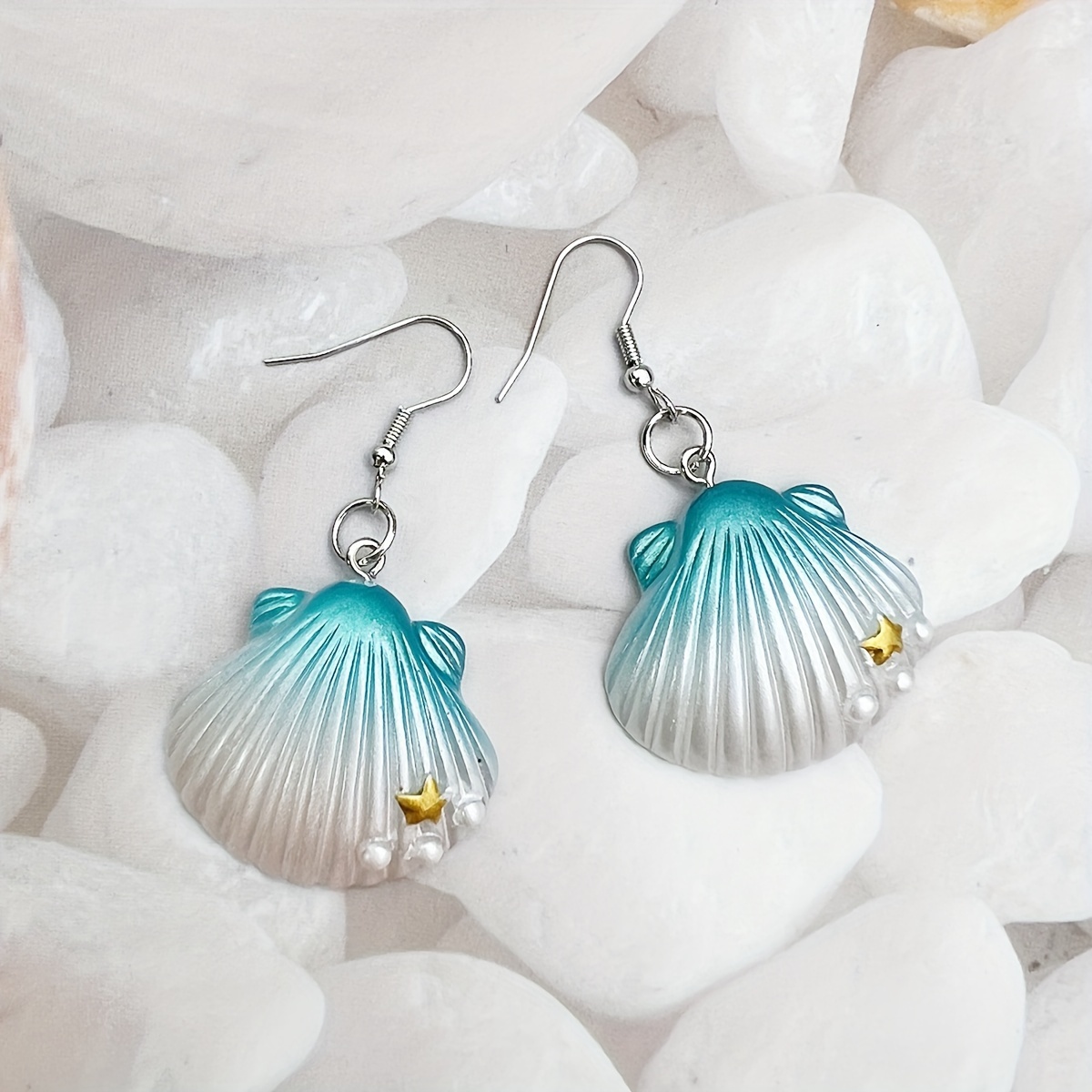 Contrast Color Shell Design Faux Pearl Inlaid Dangle Earrings Ocean Vacation Style Resin Jewelry Beach Party Earrings