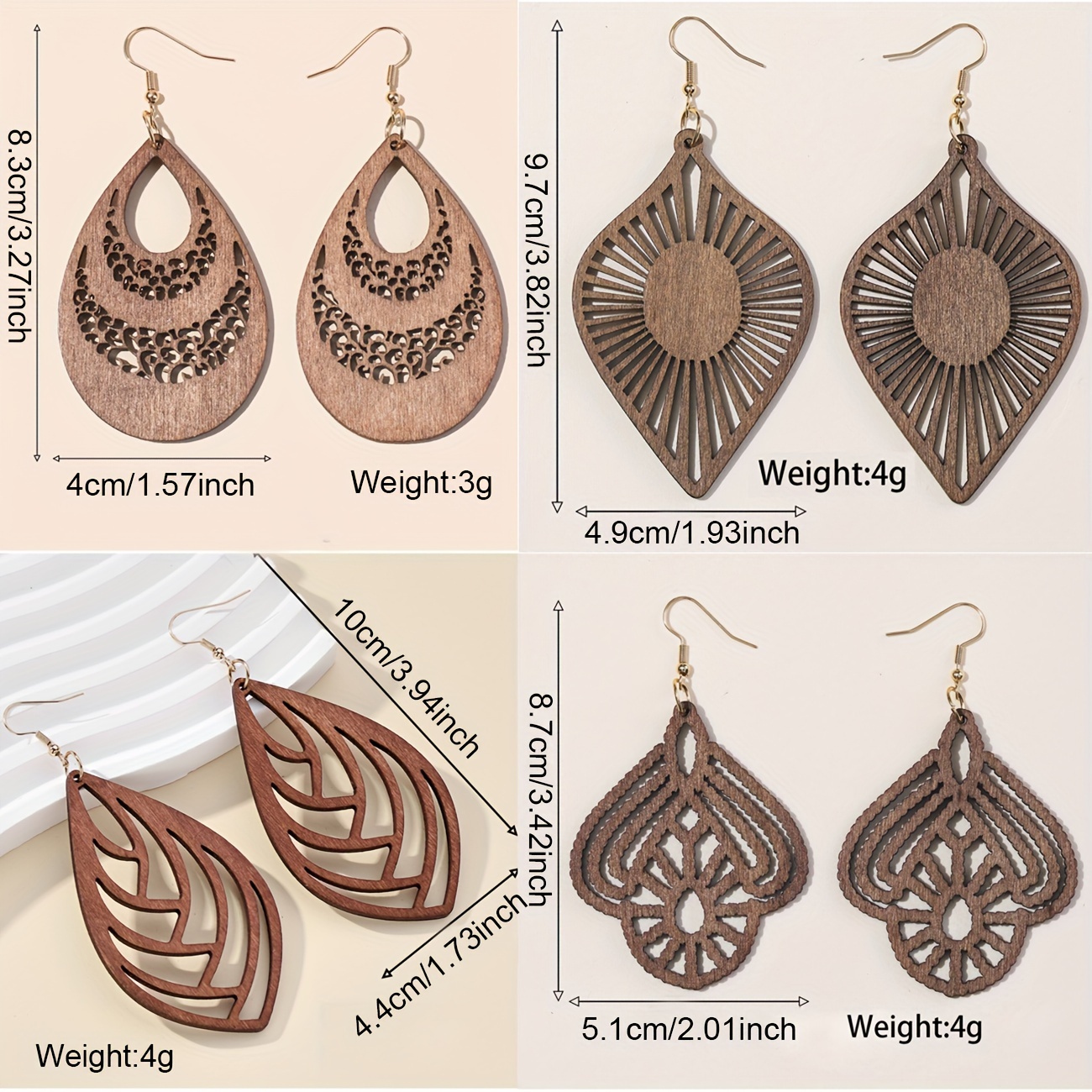 Fashionable Hollow Wooden Earrings, Versatile Wooden Dangles, 4 Pairs of Ear Additions
