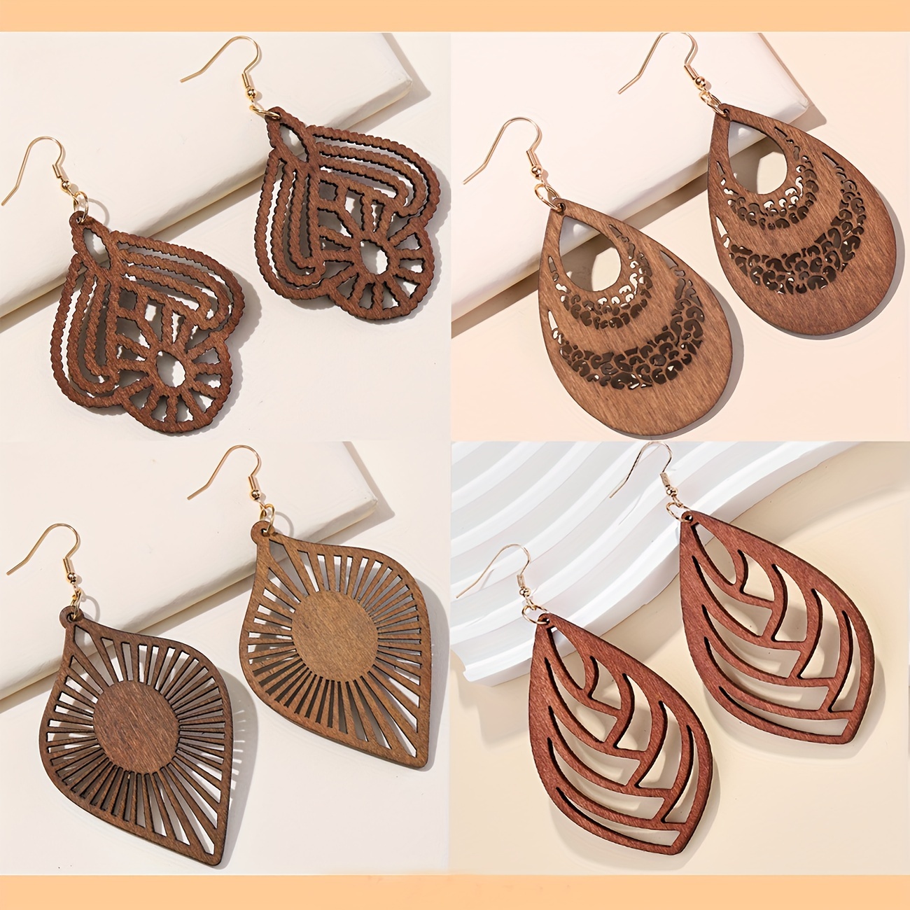 Fashionable Hollow Wooden Earrings, Versatile Wooden Dangles, 4 Pairs of Ear Additions