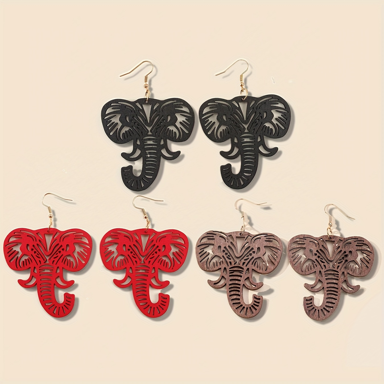 Set of 3 Pairs, Hollow Animal Design of a Curved-Nosed Little Elephant Wooden Earrings for Women, Casual And Unique Earring Set