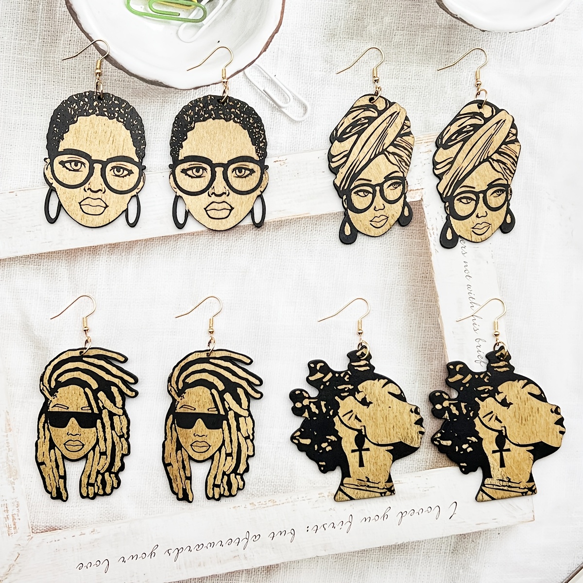 Set of 4 Vintage Ethnic Carved Wooden Earrings Featuring Human Heads, Stylish And Creative Black-Themed Wooden Additions for Women, Perfect for Everyday Wear with an Exaggerated Design