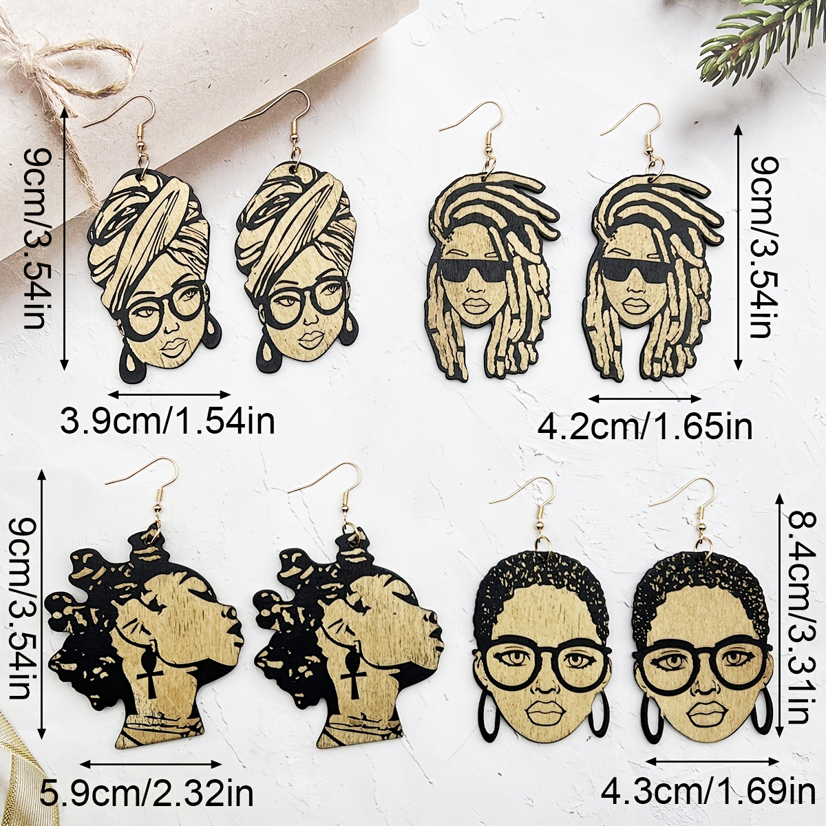 Set of 4 Vintage Ethnic Carved Wooden Earrings Featuring Human Heads, Stylish And Creative Black-Themed Wooden Additions for Women, Perfect for Everyday Wear with an Exaggerated Design