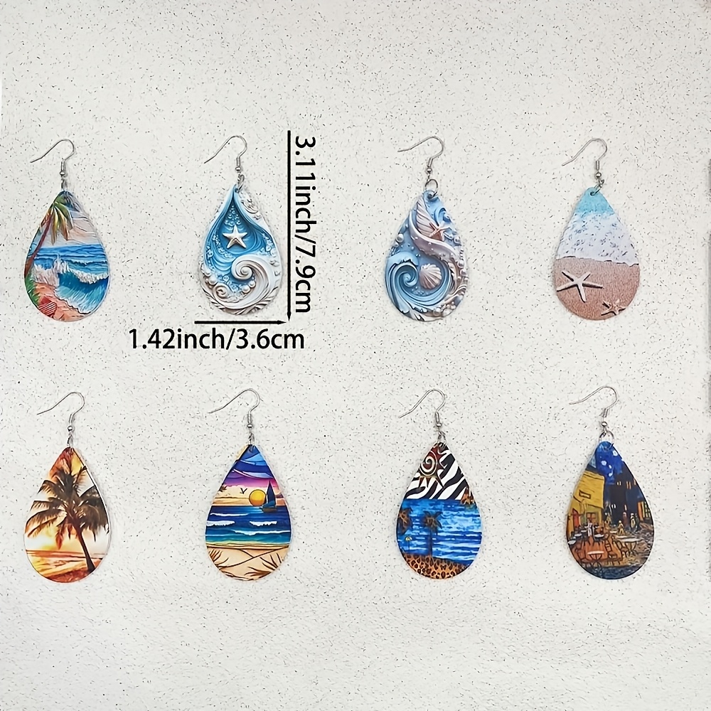 Summer-Themed Wooden Teardrop Earrings Set - 8 Pairs of Colorful Coastal Beach-Themed Dangling Earrings, a Bohemian Vacation Style Jewelry Gift for Women