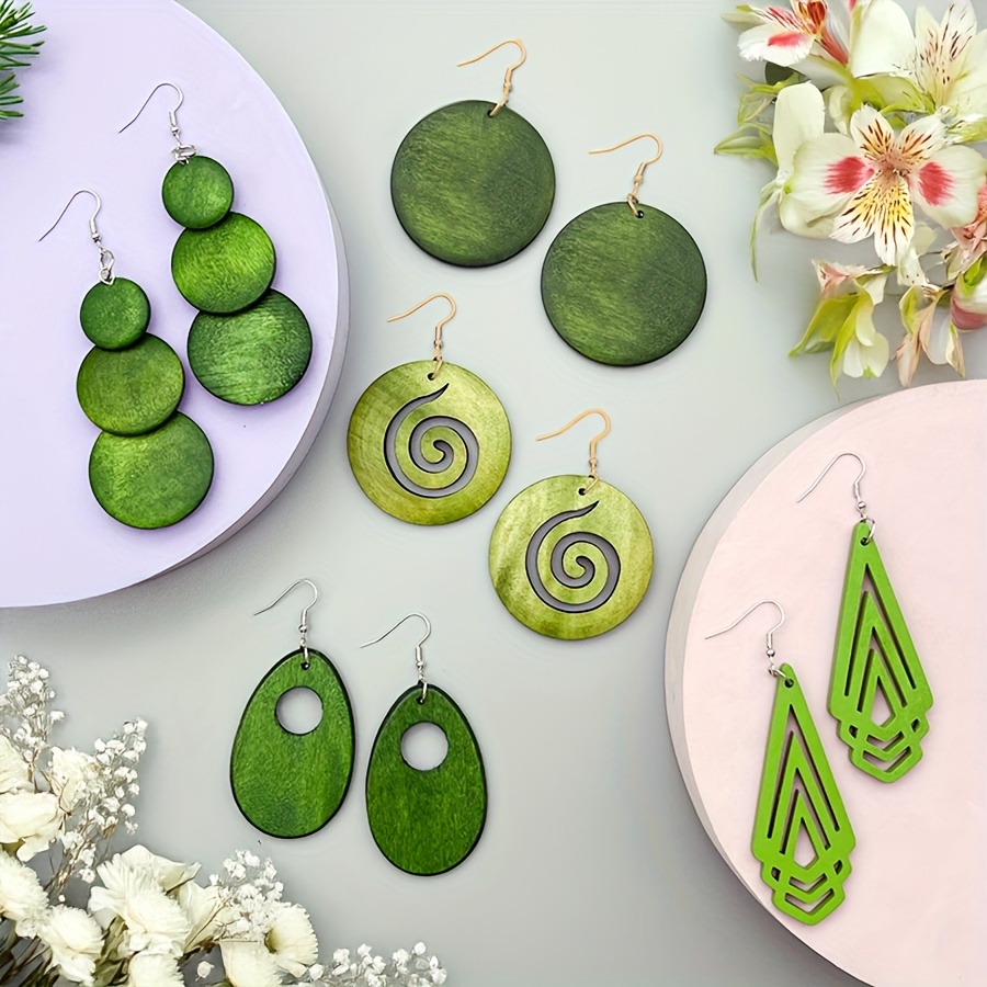 Vintage Minimalist Rural Wooden Earrings with Fresh Geometric Design for Women - 5 Pairs/Set of Refreshing Drop Earrings with Elegant Style